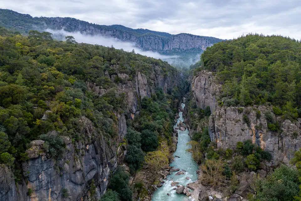 Köprülü Canyon from the air: the Köprüçay flowing between forested slopes