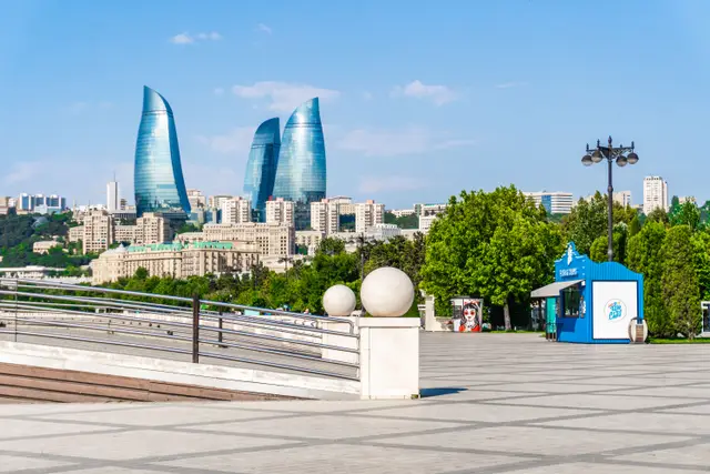 The Flame Towers and the city from the seaside promenade
