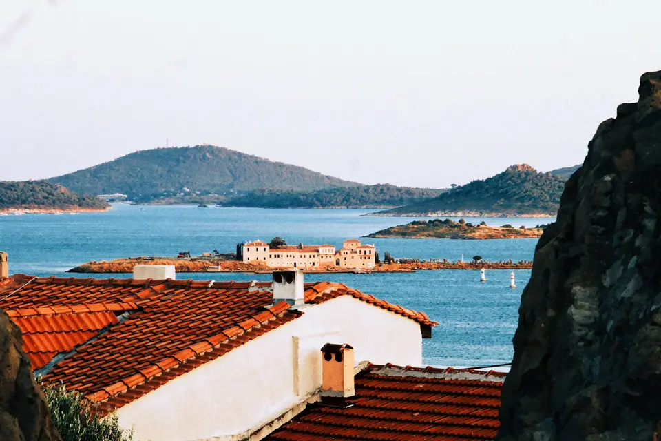 Tiled rooftops on Cunda with the sea and the Ayvalık islands beyond