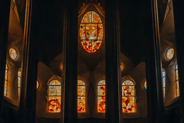 Coloured stained glass inside Sagrada Família
