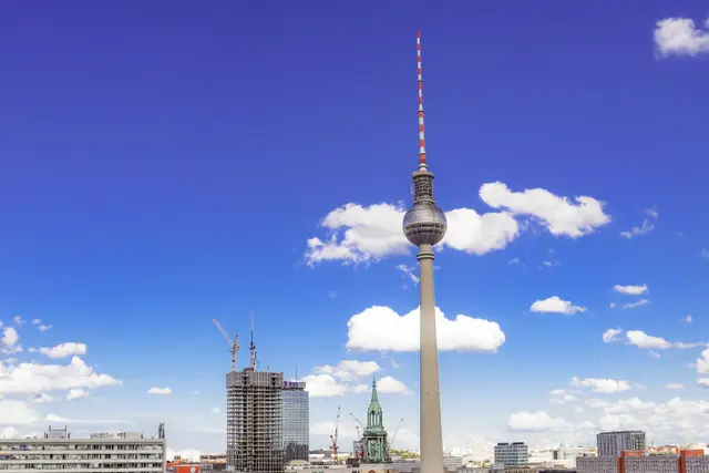 The Berlin TV Tower against a blue sky