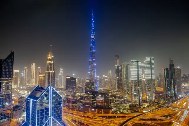 The Dubai skyline and Burj Khalifa from above at night