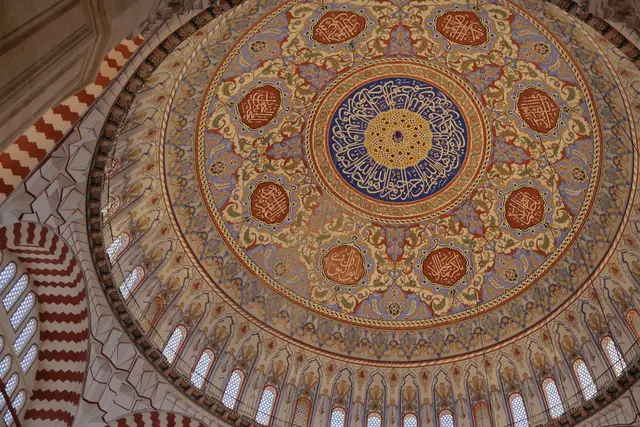 The main dome of the Selimiye Mosque, decorated with painted motifs and calligraphy