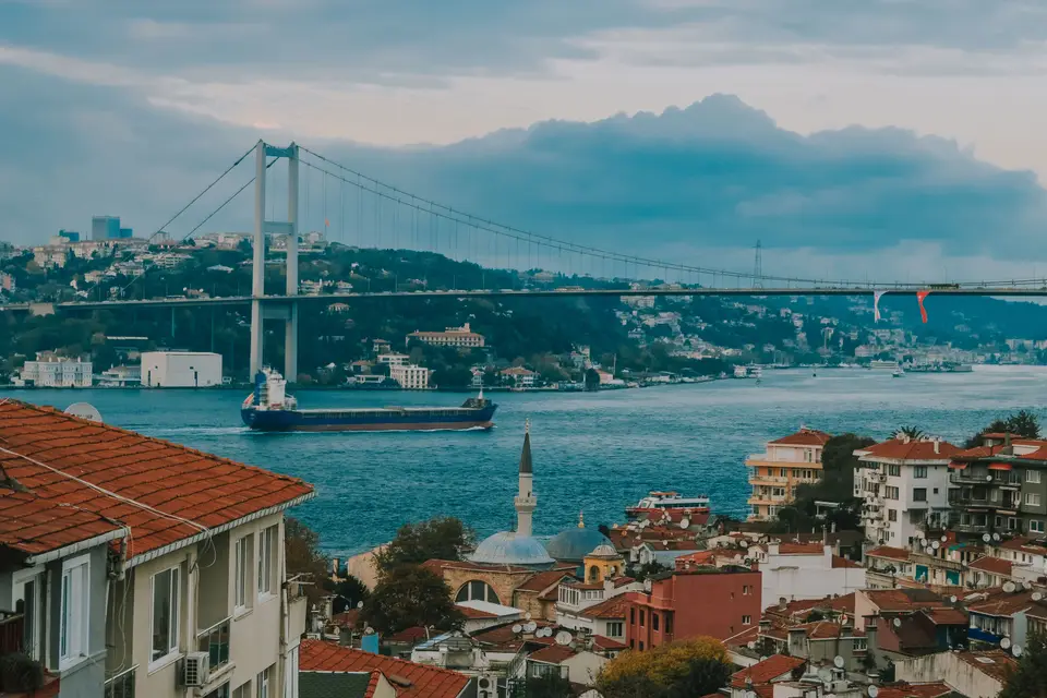 The Bosphorus Bridge with a ship on the strait and red-roofed houses on the shore