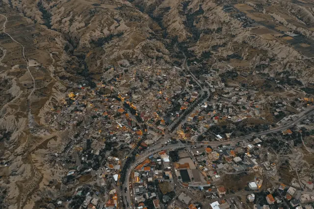 Kapadokya'da Göreme kasabası, havadan