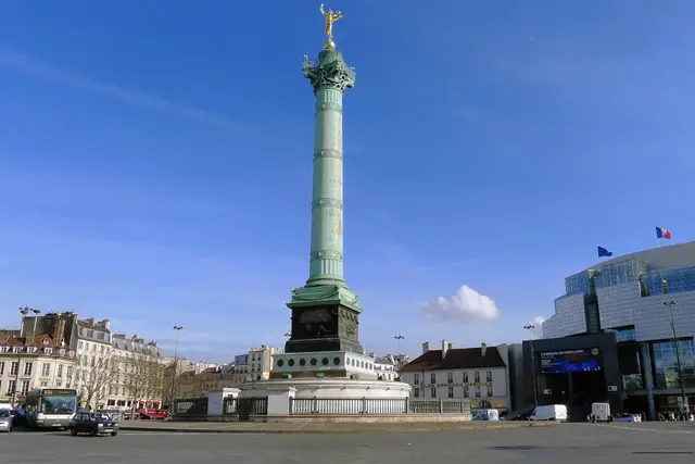 Place de la Bastille'deki Temmuz Sütunu; sağda Opéra Bastille binası