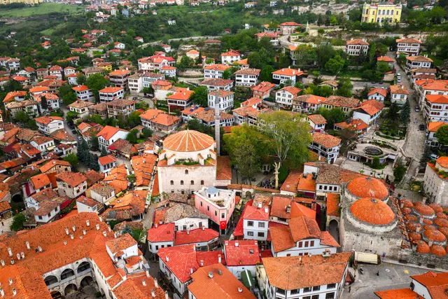 The tiled roofs and domes of Safranbolu's bazaar quarter seen from above