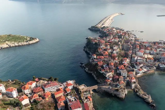 The Amasra peninsula, its castle and the Black Sea from the air